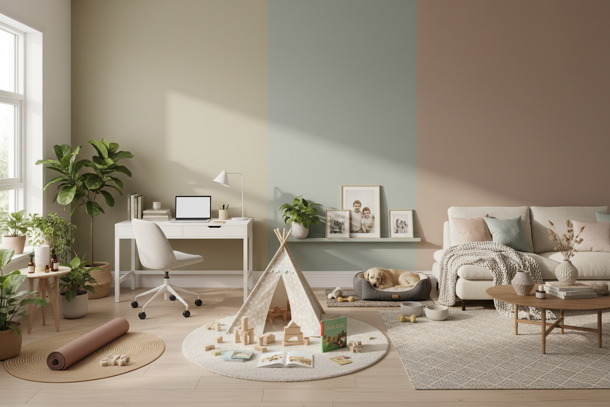 generate an image of wellness, work study and organization, kids and family, pet essentials and home and lifestyle all together